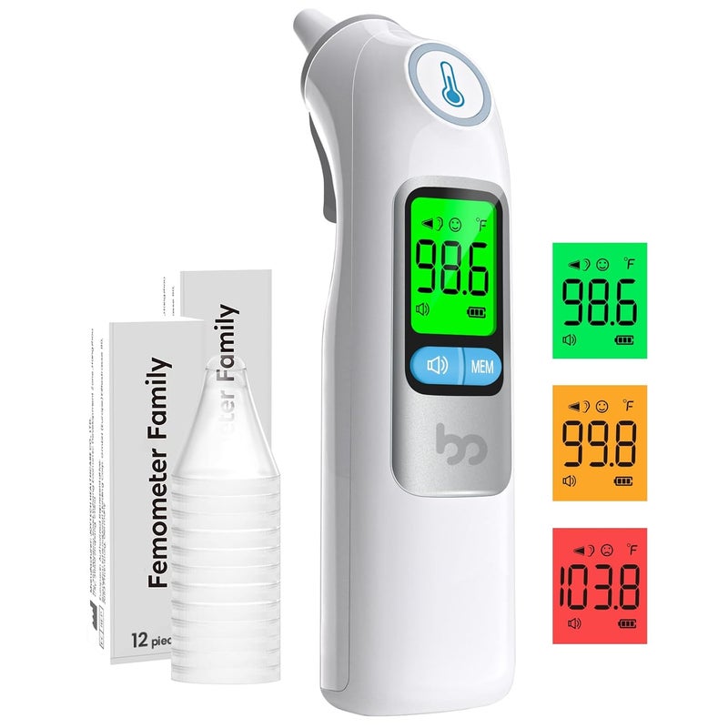 Femometer Ear Thermometer, Highly Accurate Ear Thermometer for Kids, Adults and Babies, 30 Memory Recall, 1s Result and 3-Color Fever Alert, with 24 Disposable Probe Covers, White - Image 1